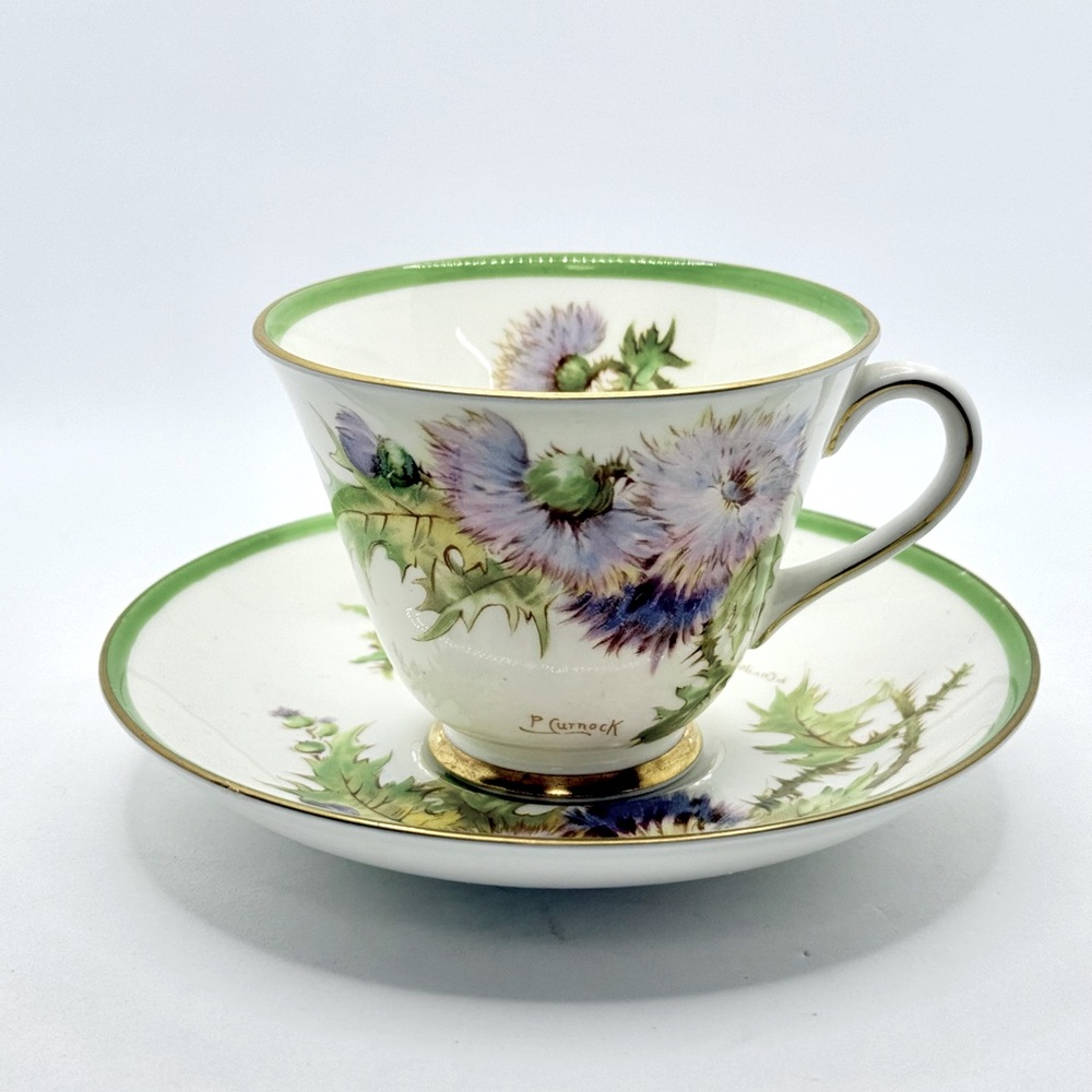 Royal Doulton Bone China P. Curnock Glamis Thistle teacup & saucer